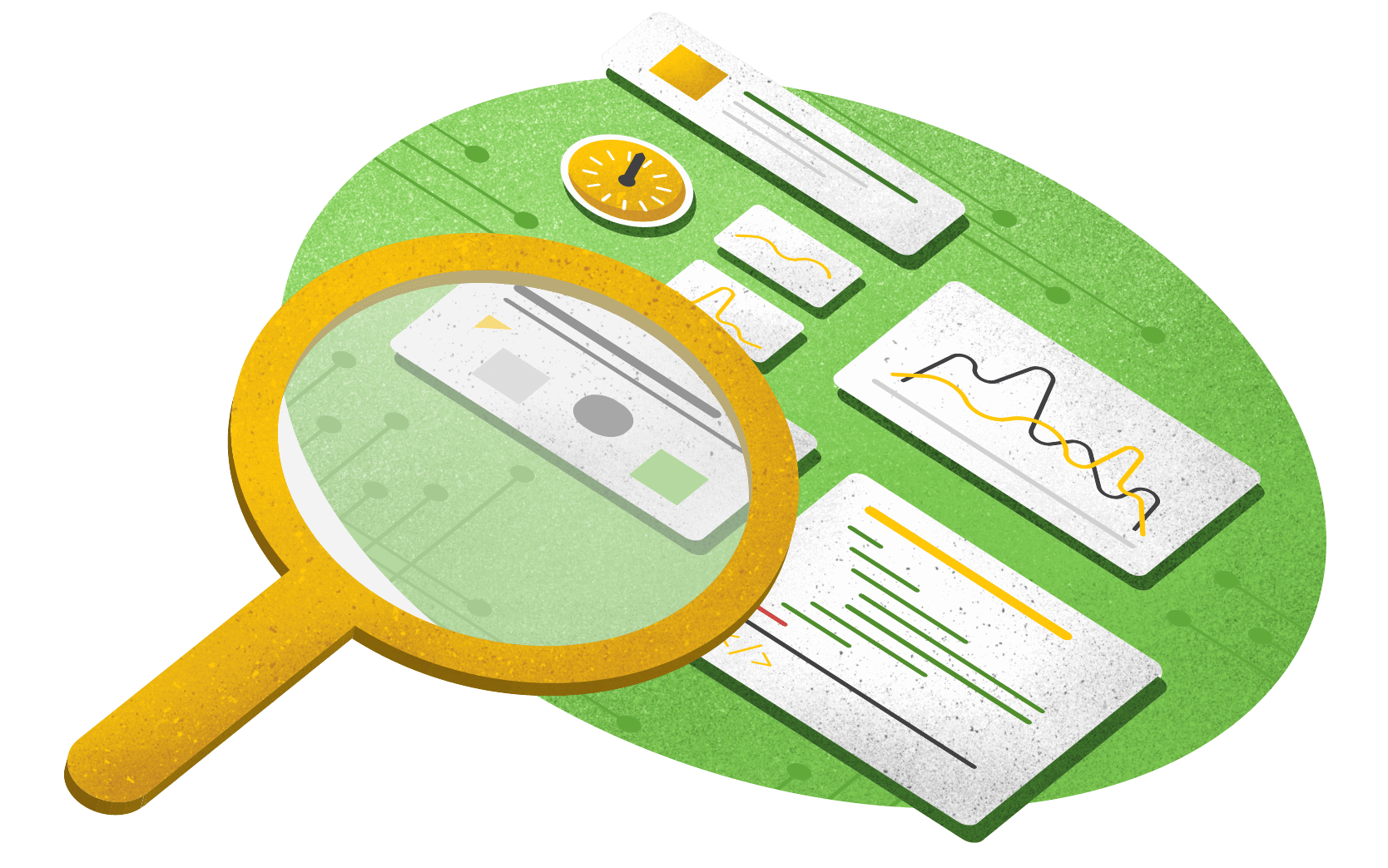 A magnifying glass enlarging several cards of data for view