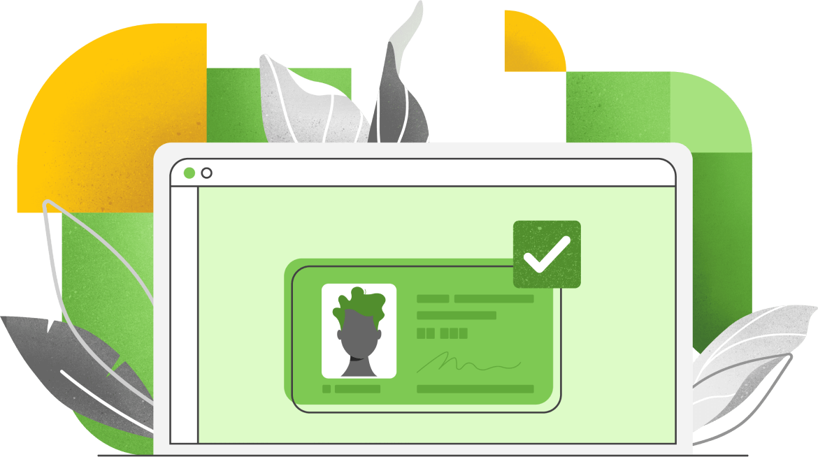 A computer monitor displaying a personal ID card, overlaid with a green checkmark of success