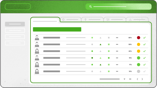 Gradebook illustration: list of users coded with gray, green, yellow, and red dots